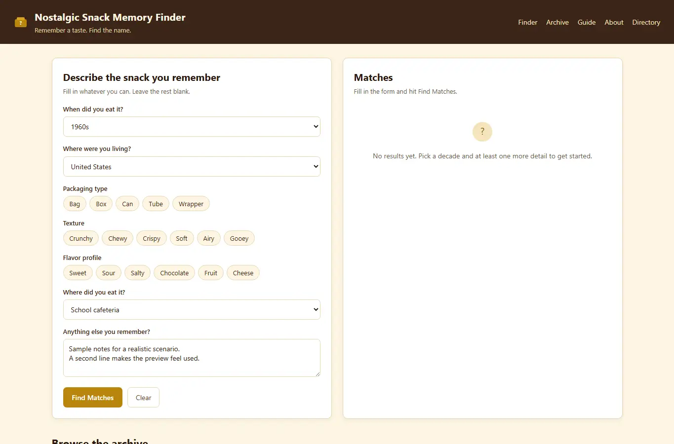 Screenshot of Nostalgic Snack Memory Finder interface showing the project page in use